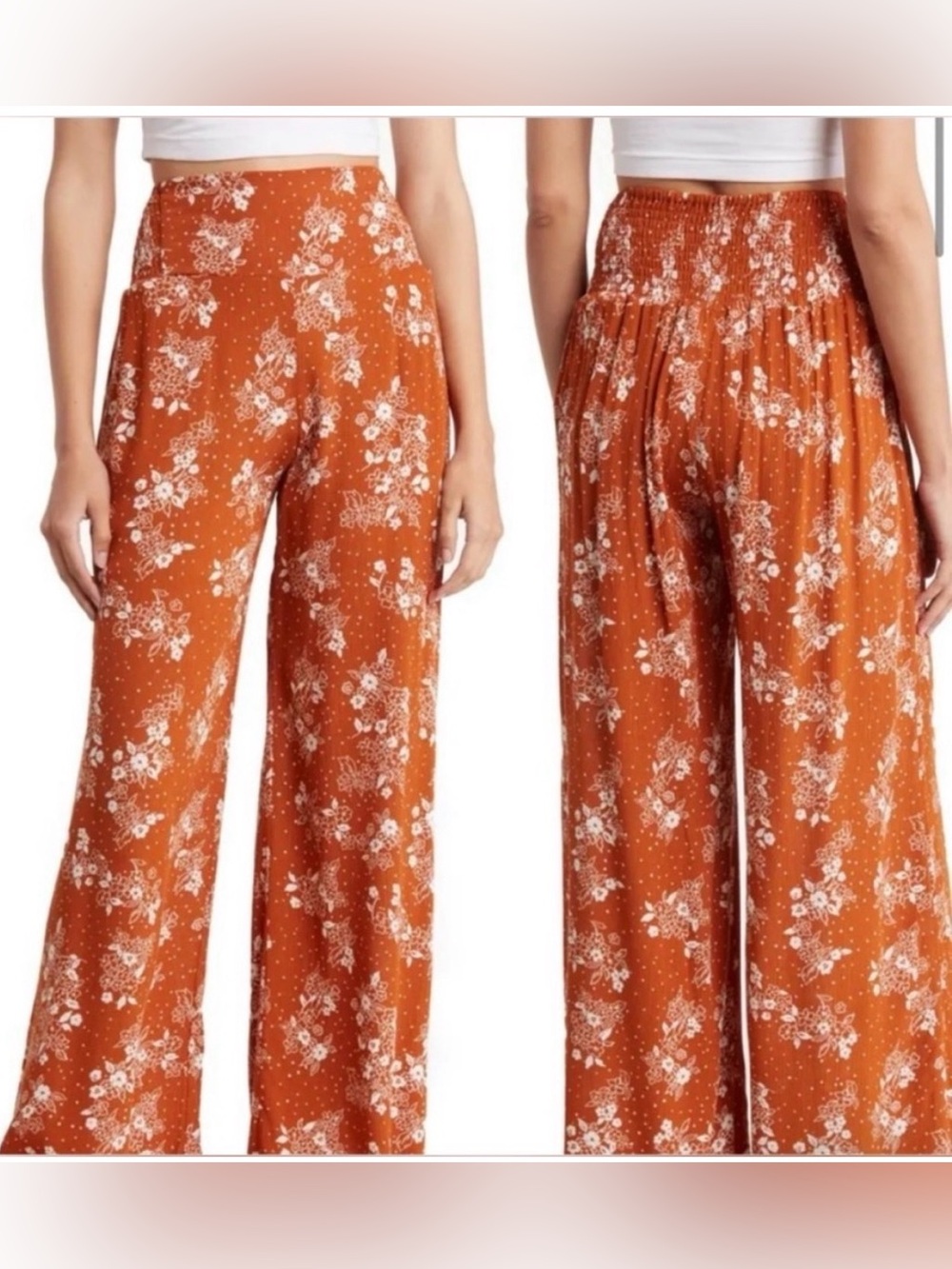 Rust-orange wide-leg, boho, flowy palazzo floral print smocked pull-on waist XL